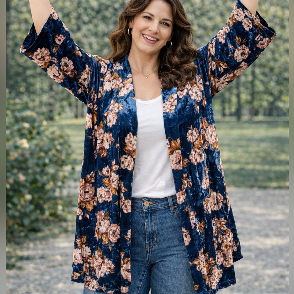 Suzanne Betro Blue Velvet Kimono with‎ Floral Design M
